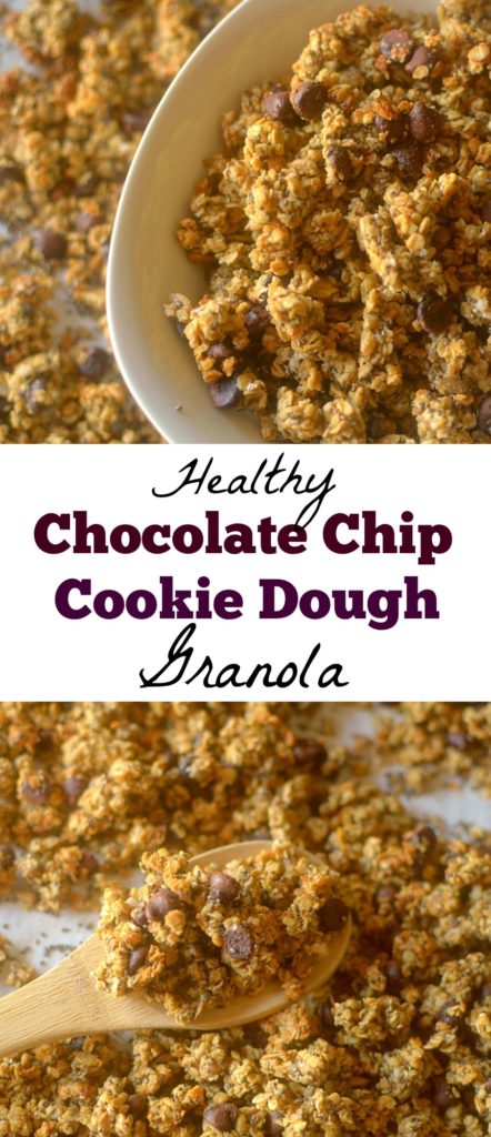Looking for a healthy breakfast that will satisfy your sweet tooth? Make this easy-to-make Chocolate Chip Cookie Dough Granola! Gluten-free + Vegan friendly