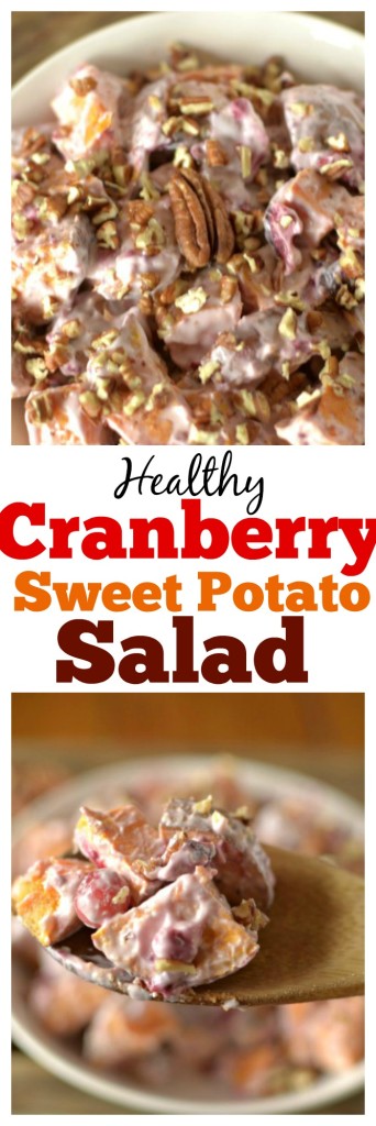 Healthy Cranberry Sweet Potato Salad made with only 4 ingredients and coated with a yogurt dressing and studded with cranberries and pecans for a thanksgiving take on potato salad!