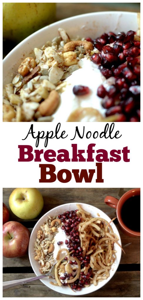 Have a spiralizer on hand? You need to make these apple noodles for breakfast! This Cinnamon Apple Noodle Breakfast Bowl with Candied Nuts is a delicious, healthy and nourishing breakfast that can is gluten-free, vegan, and paleo!