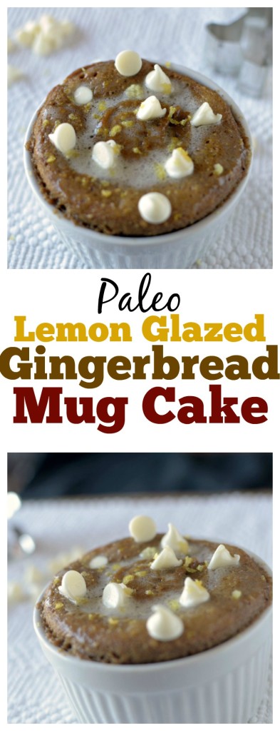 A moist Paleo Gingerbread Mug Cake studded with white chocolate chips and dried cranberries and topped off with a tangy lemon glaze all made in a matter of minutes!