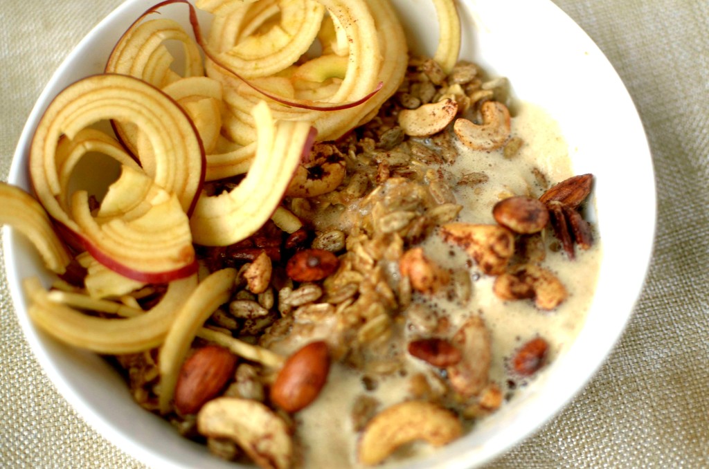 There is no better way to start your day off than with this hearty and delicious bowl of Frothy Chai Spiced Oatmeal with Apple noodles! Also Vegan and Gluten-free! 