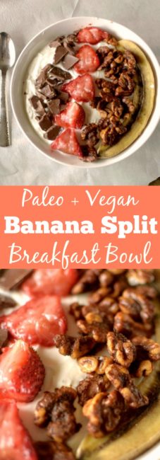 Take your breakfast to a whole new level with this healthy and delicious dessert-like Roasted Banana Split Breakfast Bowl! Can be vegan and paleo friendly! 