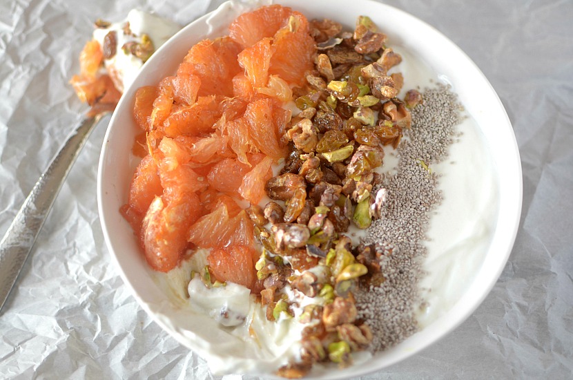 Looking for a flavorful and filling breakfast bowl? Try this Roasted Grapefruit Baklava Breakfast Bowl! Vegan & Paleo friendly!