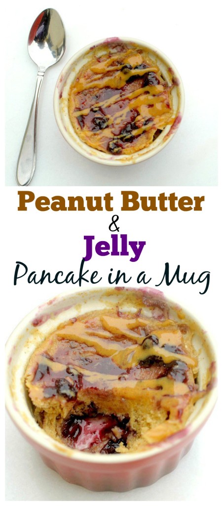 This Healthy Peanut Butter and Jelly Pancake in a Mug is made in less than 2 minutes with only a few ingredients! Now you can enjoy have pancakes on a busy morning too! Also vegan and has a gluten-free option too!