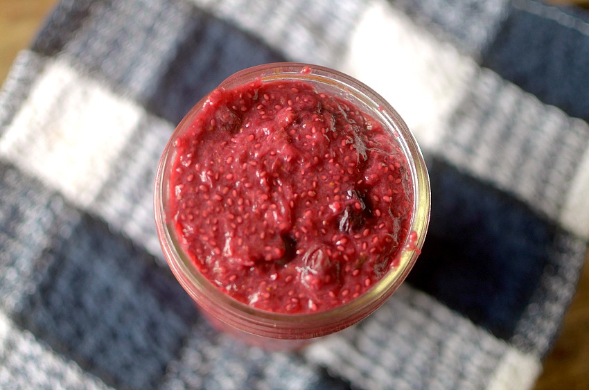 This Strawberry Bluebarb Chia Seed Jam is super easy to make and is the perfect healthy spread that tastes like pie filling! It contains no refined sugar and is vegan, paleo and gluten-free.