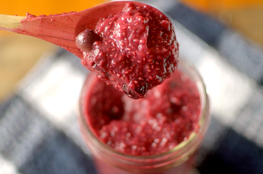 This Strawberry Bluebarb Chia Seed Jam is super easy to make and is the perfect healthy spread that tastes like pie filling! It contains no refined sugar and is vegan, paleo and gluten-free.