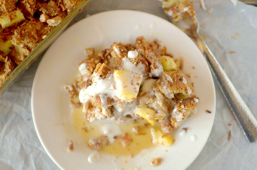 This Healthy Toasted Coconut Cashew Pineapple French Toast Bake is a delicious addition to your brunch or weekend breakfast and is so easy to make. It is also vegan, gluten-free and paleo!