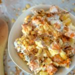 This Creamy Tropical Sweet Potato Salad is a healthy and delicious side dish filled with tropical flavors like coconut and pineapple! Also vegan, paleo and whole 30 friendly!