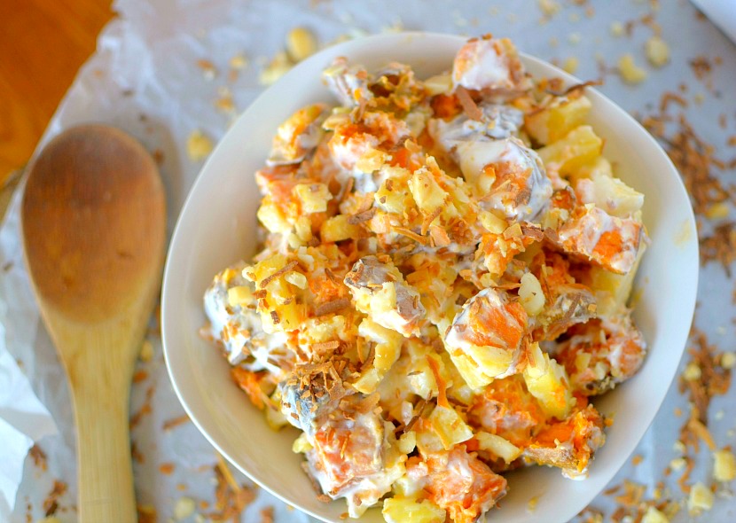 This Creamy Tropical Sweet Potato Salad is a healthy and delicious side dish filled with tropical flavors like coconut and pineapple! Also vegan, paleo and whole 30 friendly!