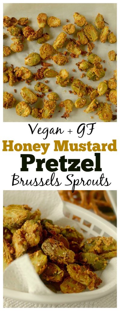 These Honey Mustard Pretzel Crusted Brussels Sprouts are a healthy, crispy and delicious side dish or appetizer! They are so easy-to-make and will please the pickiest of eaters! Also can be gluten-free and vegan!