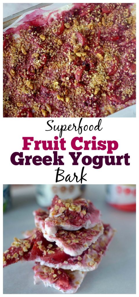 This Superfood Fruit Crisp Greek Yogurt Bark is a healthy, tasty and refreshing snack! It's loaded with protein from greek yogurt and naturally sweetened with fruit!