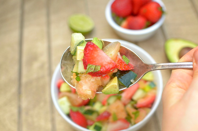 This healthy Minty Strawberry Avocado Salad with Citrus is a delicious side to lunch or dinner filled with fresh summer produce! It's so easy-to-make and only takes 5 minutes to put together. Also paleo, vegan and whole 30-friendly!