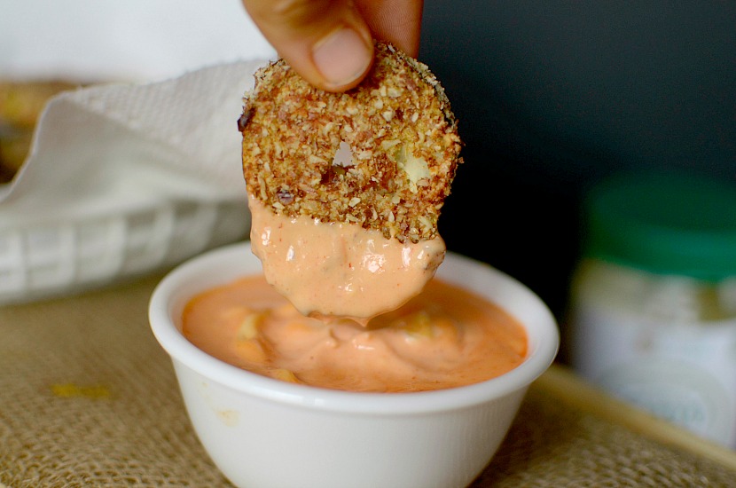 Need a little spice in your life? Make these healthy Spicy Fried Pickles with Sriracha Mayo Dipping Sauce! Baked instead of fried and paleo-friendly!