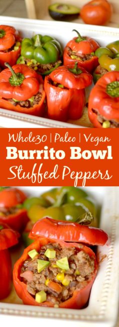 Healthy Burrito Bowl Stuffed Peppers are a delicious dinner that tastes exactly like a chipotle burrito bowl in pepper form! Also paleo, vegan and whole 30!