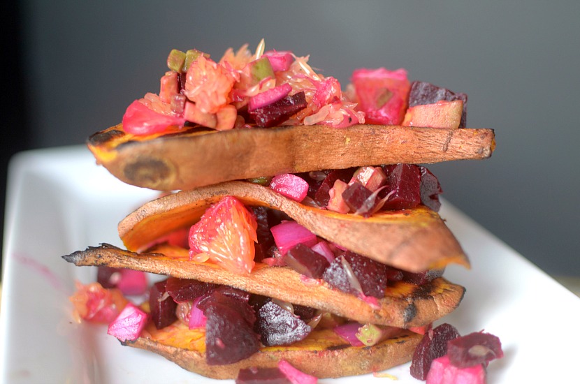 Love sweet potato toast? Make this grilled sweet potato toast and top it with Orange Beet Avocado Salsa! So flavorful and healthy! Vegan + Paleo}