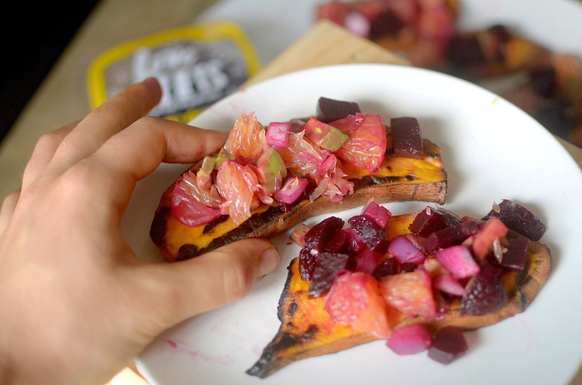 Love sweet potato toast? Make this grilled sweet potato toast and top it with Orange Beet Avocado Salsa! So flavorful and healthy! Vegan + Paleo}