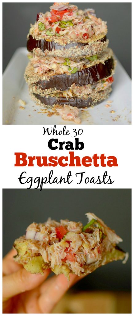 Need a crowd-pleasing appetizer? Make these Crab Bruschetta Eggplant Toasts! Full of flavor and paleo + whole 30 friendly! 