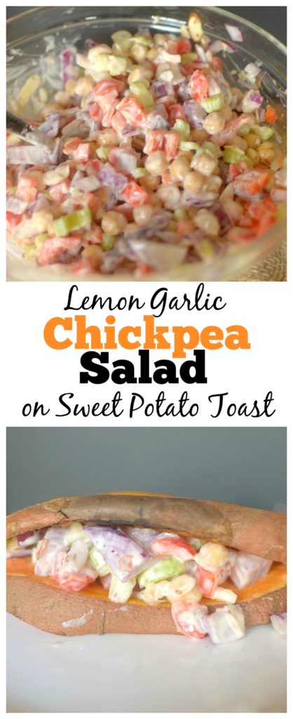 Looking for an easy vegetarian lunch? Try this simple+ satisfying Creamy Lemon Garlic Chickpea Salad! Spoon on top of Sweet Potato Toast for the ultimate healthy sandwich!