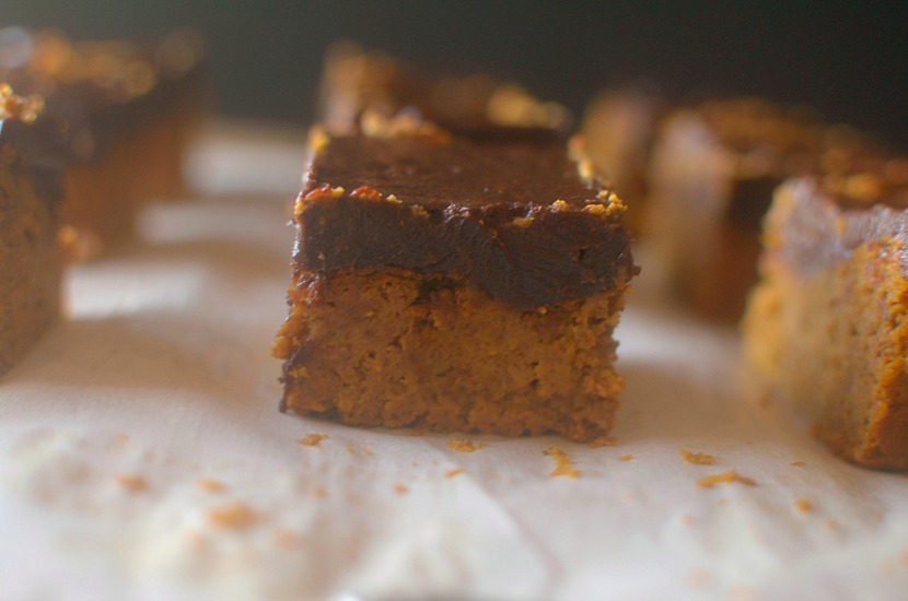 Satisfy your pumpkin cravings with this Paleo Pumpkin Snack Cake with Dark Chocolate Frosting.  You won't believe that it's flour-less and made with only 7 ingredients!  Also with a vegan option!
