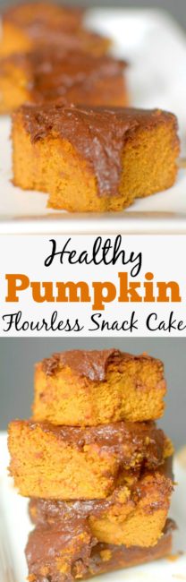 Satisfy your pumpkin cravings with this Paleo Pumpkin Snack Cake with Dark Chocolate Frosting. You won't believe that it's flour-less and made with only 7 ingredients! Also with a vegan option!