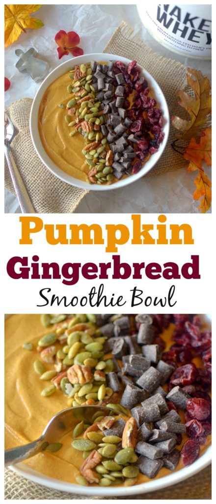 Love all things pumpkin and gingerbread? Make this high-protien Pumpkin Gingerbread Smoothie Bowl! It taste like pumpkin pie and gingerbread all in a guilt-free smoothie form! Perfect for a post-workout treat!