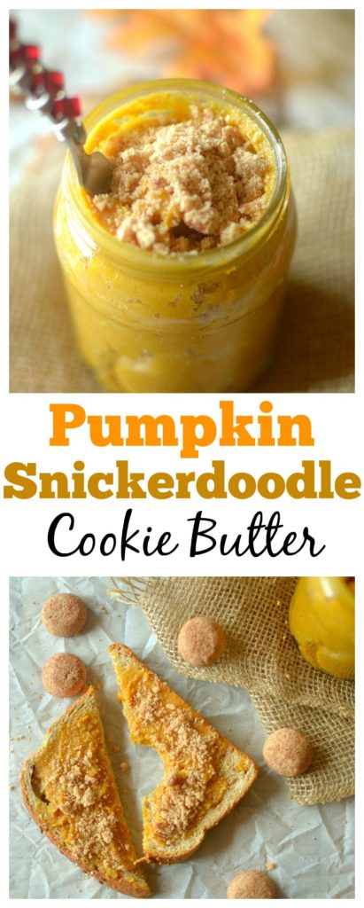 Soft-baked snickerdoodle cookies are blended with cashew butter and pumpkin to create an epic fall-inspired healthy cookie butter! Gluten-free and vegan!