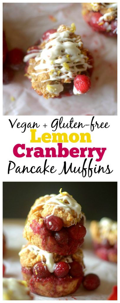 Healthy Lemon Cranberry Peek-A-Boo Pancake Muffins are bursting with juicy cranberries and drizzled with white chocolate, for a simple recipe made easy with pancake mix! Also gluten-free and vegan options!