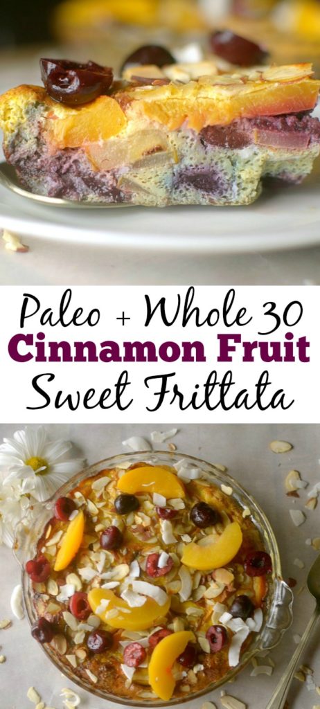 Cinnamon Spiced Fruit Sweet Frittata is a high fiber, delicious whole30 breakfast option filled with naturally sweet fruit, coconut and almonds! Can also be made ahead for meal prep!