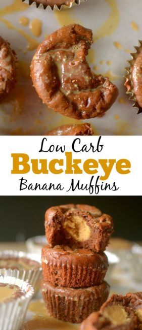 Buckeye Brownie Banana Muffins are an easy and delicious low carb muffin recipe that you would never guess is healthy! Also gluten-free and no added sugar!