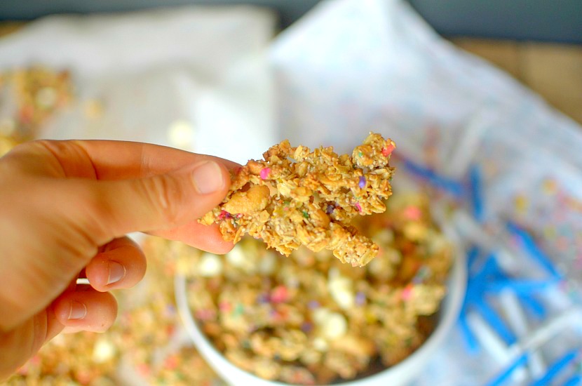 Now you can eat breakfast like it's your birthday every day with this Birthday Cake Granola! You won't guess it's healthy! Also gluten-free and vegan!
