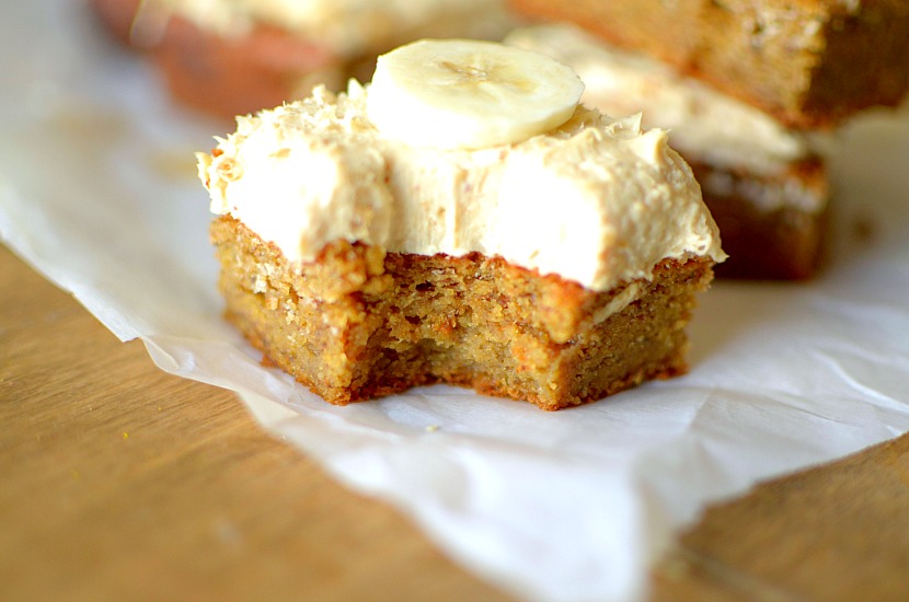 Flourless Gluten-Free Banana Cake is fluffy and moist made with only 5 real ingredients and topped with a peanut butter frosting! You would never believe it's healthy! Can be paleo and vegan too!