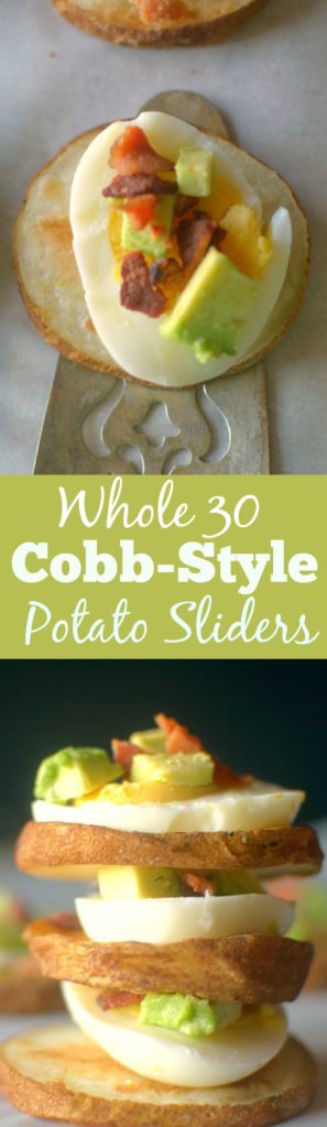 Cobb Potato Sliders are the perfect Whole30 appetizer and are also paleo approved! So easy and made with only 4 real ingredients! Everyone will LOVE these!