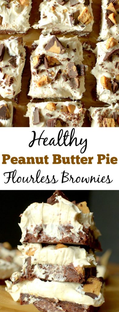 These Healthy Peanut Butter Pie Brownies combine two EPIC desserts into one guilt-free treat! Perfect for peanut butter and chocolate lovers alike! Made of 3 fuss-free, easy-to-make layers: a flourless brownie crust, dairy-free peanut butter mousse and chopped peanut butter cups! Also gluten-free, dairy-free and has a vegan option!