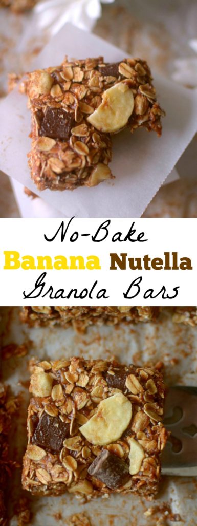 These No-Bake Nutella Banana Granola bars are the perfect on the go-snack for your busy day! Made simple with only a few ingredients + gluten-free and vegan-friendly!