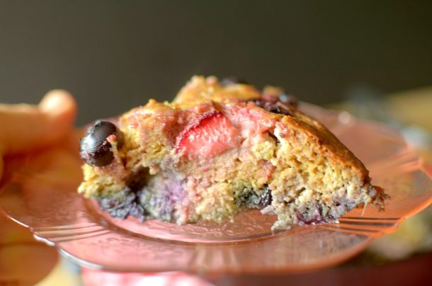 Blueberry Strawberry Rhubarb Skillet Cake {Paleo W/ A Vegan Option}