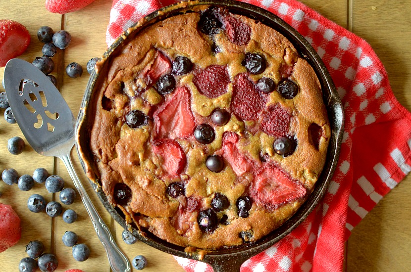 Strawberry Rhubarb Skillet Cake is an easy and wholesome dessert, breakfast or snack made with real ingredients! Paleo, vegan, grain-free and gluten-free!
