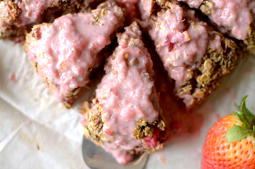 Glazed Strawberry Rhubarb Oatmeal Scones are a filling and tasty breakfast option that goes well with your morning coffee!  They taste like summer, all while being vegan and gluten-free! 