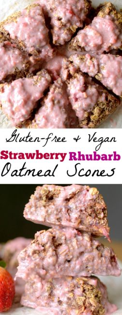 Glazed Strawberry Rhubarb Oatmeal Scones are a filling and tasty breakfast option that goes well with your morning coffee! They taste like summer, all while being vegan and gluten-free! 