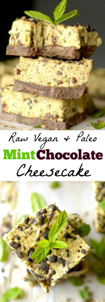Mint Chocolate Chip Raw Cheesecake is completely vegan, made with just a few ingredients and one healthy and delicious dessert! Also paleo and gluten-free!