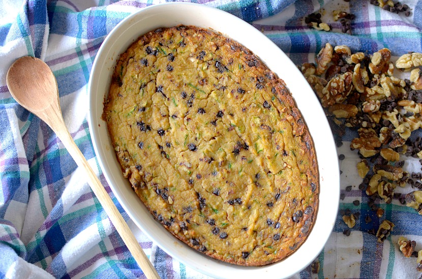 Craving zucchini bread for breakfast? Try this Paleo Chocolate Chip Zucchini Bread N'Oatmeal Bake! It's full of fiber and protein to keep you full and satisfied all morning! Also Vegan-friendly!
