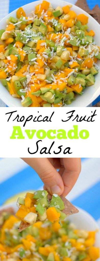 Avocado Tropical Fruit Salsa is an easy condiment made of avocado, banana, kiwi, mango, lime, and coconut! Also paleo, vegan and whole30!