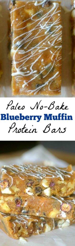 These No-Bake Paleo Blueberry Muffin Protein Bars are a healthy, easy and delicious on-the-go snack! They only require a few ingredients and taste like Blueberry Muffins!