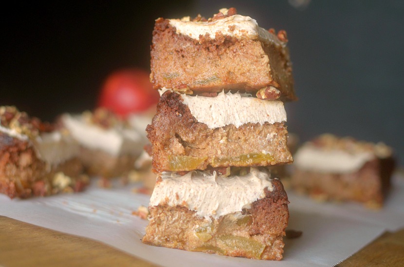 Flourless Pecan Apple Cake is fluffy + moist made with only 8 real ingredients + topped w/ a cinnamon frosting! You would never believe it's healthy!Paleo + Vegan option!