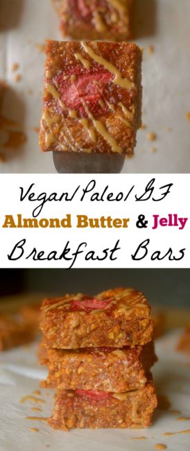 Need a healthy grab n’ go breakfast? Make these delicious Almond Butter & Jelly Coconut Breakfast Bars for the perfect way to satisfy your early morning appetite! Paleo and Vegan friendly!
