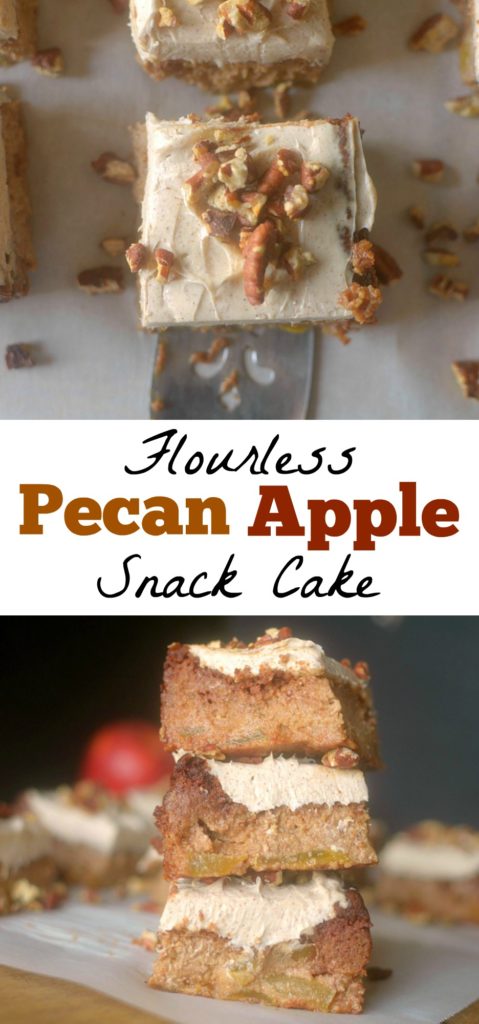 Flourless Pecan Apple Cake is fluffy + moist made with only 8 real ingredients + topped w/ a cinnamon frosting! You would never believe it's healthy!Paleo + Vegan option!