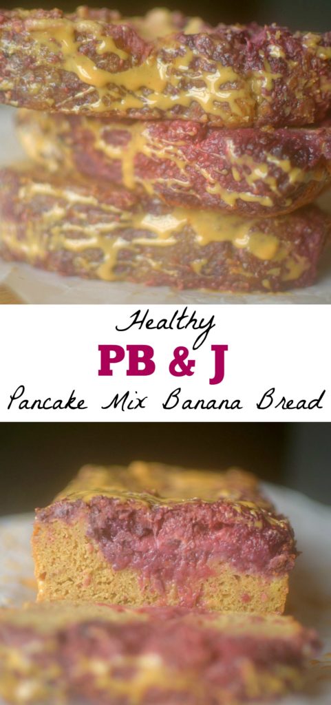 Healthy PB & J Pancake Mix Banana Bread made easy with a complete pancake mix! No butter, oil or refined sugar. Also gluten-free and vegan options!