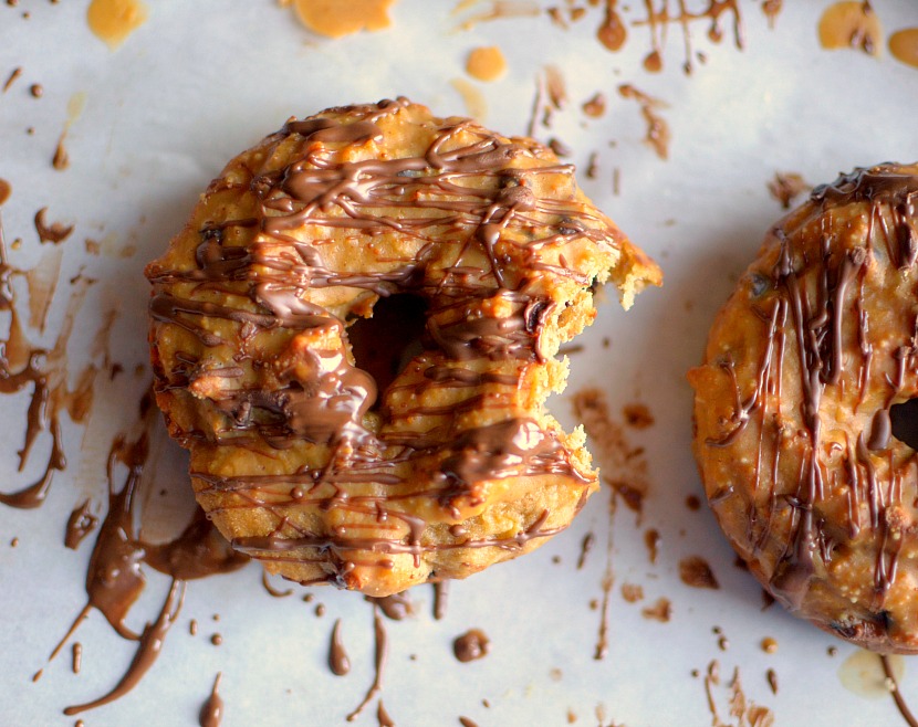 Got Pancake mix? Make these healthy Chunky Monkey Pancake Mix Donuts! They're made with few ingredients, and full of banana, chocolate and peanut butter flavor! Also vegan + gluten-free options.