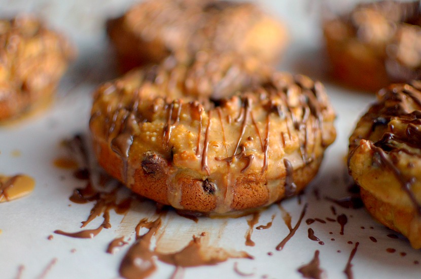 Got Pancake mix? Make these healthy Chunky Monkey Pancake Mix Donuts! They're made with few ingredients, and full of banana, chocolate and peanut butter flavor! Also vegan + gluten-free options.