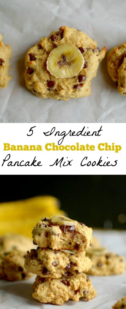 Got Pancake Mix?  Use it to make these simple 5-ingredient Pancake Mix Banana Chocolate Chip Cookies! Vegan + Gluten-free options!
