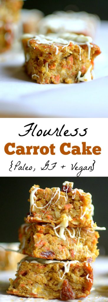 Flourless Carrot Cake is fluffy and moist made with 9 real ingredients and topped with a white chocolate drizzle! You would never believe it’s healthy!  paleo and with a vegan option!